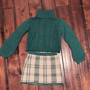 Green Turtleneck Sweater and Plaid Skirt Set
